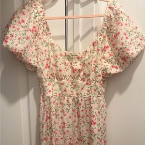 Cream Floral Puff-Sleeve Midi Dress